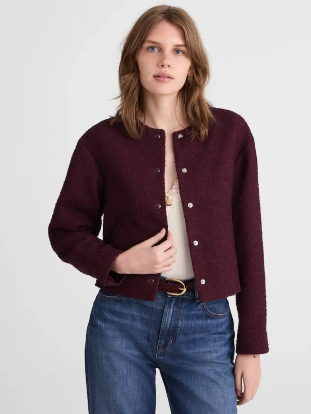 Tweed Collarless Jacket in dark pomegranate
